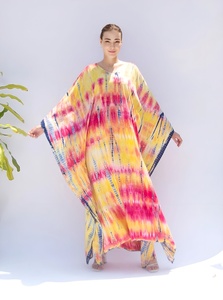 Tie Dye Floor-length Long Sleeve V-neck Breathable Beach Cover up Bohemian Abaya for Women Drawstring Kaftan Gypsy Formal Cotton - Product Image 5