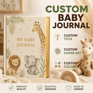 LABON - Diario Personalizado para Bebés con Temática de Safari, Tapa Dura de Lino, Bordes Dorados, Diario de Hitos, Álbum de Recortes de Animales de la Selva al por Mayor - Product Image 1