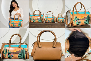 Luxury New Arrival 7.5" Speedy Duffle Bag Hand Painted Desert Cactus Cowhide <b>Leather</b> Boutique Duffle Purse Travel Tote for Women - Product Image 3
