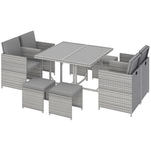 Set da pranzo da esterno in vimini a 8 pezzi con tavolo quadrato in vetro e cuscini, sedie e pouf salvaspazio in rattan - Product Image 1
