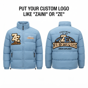 280 GSM Polyester Puffer Jacket Light Blue <b>Quilted</b> Panel Design Custom Embroidered Applique Logo - Product Image 1