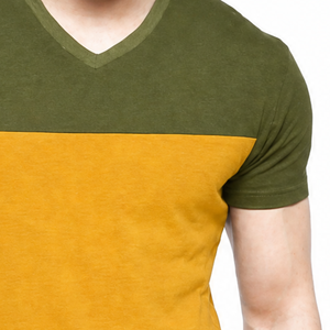 T-shirt homme col V bicolore très demandé, vert olive et jaune, manches courtes - Product Image 3