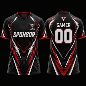Camiseta Deportiva Sublimada Negra y Roja OEM ODM, Cuello Redondo, Secado Rápido, Poliéster, Diseño Personalizado para Gamers, Unisex, Adulto - Product Image 1