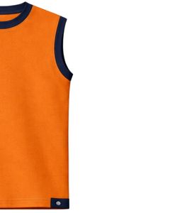 ชุดเซ็ตเสื้อกล้ามแขนกุดสีส้มและกางเกงขาสั้นสำหรับผู้ชาย  ชุดลำลองฤดูร้อนผ้าฝ้าย แต่งขอบสีน้ำเงินกรมท่า พร้อมเชือกผูกเอว ชุดสองชิ้น - Product Image 3