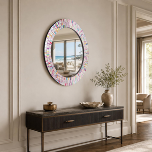 Miroir mural rond en mosaïque multicolore fait à la main avec cadre en carreaux de verre rayés colorés, miroir décoratif moderne - Product Image 4