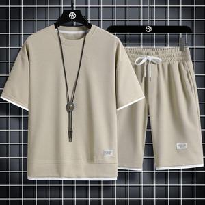 Mens Casual Solid Color Summer Two Piece Shorts Suit Loose 2 Piece Waffle T-shirt Short Set <b>Tracksuit</b> - Product Image 5