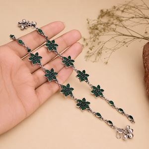 Tobilleras con diseño floral para mujer, estilo bohemio, aleación chapada en plata tibetana, incrustaciones verdes, joyería para fiesta - Product Image 4