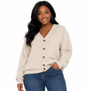 Cosh International Sorority Sisterhood Acrylic <b>Beige</b> V-Neck Knitted <b>Cardigan</b> Long Sleeve Button Front Casual Top - Product Image 3