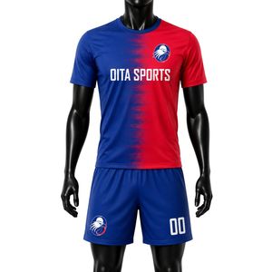 ชุดเสื้อฟุตบอลสีแดงน้ำเงินแบบซับลิเมชั่นพร้อมกางเกงขาสั้น ชุดยูนิฟอร์มฟุตบอลชาย แขนสั้น ชุดกีฬาสำหรับทีม ชุดแข่งขัน ชุดฝึกซ้อมกีฬา - Product Image 1