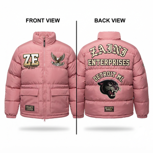 Men Premium 380 GSM Polyester Puffer <b>Jacket</b> <b>Pink</b> Quilted Panel Design Custom Chenille Embroidery Patch Woven Label Winter Wear - Product Image 1