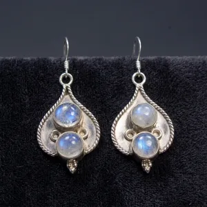 925 Sterling Silver Natural Rainbow Moonstone Handcrafted Gemstone Ethnic Indian Design <b>Earrings</b> - Product Image 3