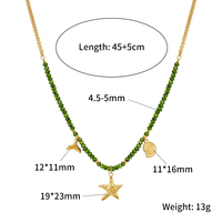 Collier Bohème en Acier Inoxydable avec Breloques Perles, Plaqué Or PVD Étanche, Pierre Naturelle Verte, Étoile de Mer, Coquillage, Queue de Baleine