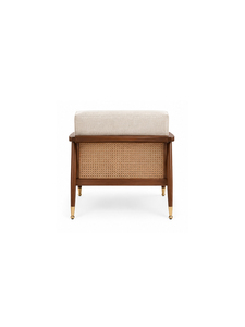 Fauteuil rembourré de style mid-century modern avec dossier en rotin, structure en bois et coussin en lin, meuble de salon - Product Image 4
