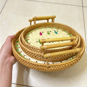 Rattan <b>Trays</b> with mother of pearl inlay woven rattan and shell material <b>for</b> food serving and home <b>decor</b> Vietnam - Product Image 5