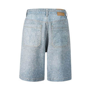 Men's High Waist <b>Sequined</b> Dot Pattern Denim Bermuda <b>Shorts</b> Button Fly Casual Style Washed Cotton Canvas <b>Shorts</b> Rhinestones Top S - Product Image 2