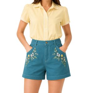 Custom Teal Blue Floral Embroidered <b>Women</b> High Waist <b>Denim</b> <b>Shorts</b> Casual Summer Cotton <b>Stretch</b> Jean <b>Shorts</b> Custom Logo Apparel - Product Image 1