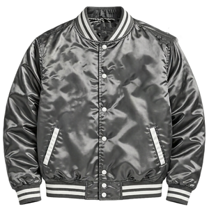 Veste bomber en satin noir pour homme ZPB, coupe classique, col rabattu, fermeture à boutons, style décontracté pour l'automne, style unisexe - Product Image 1