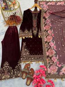 DESIGNER VELVET EMBROIDERY SEQUENCE WORK <b>TOP</b> PALAZZO WITH DUPATTA MAROON 74101 - Product Image 5