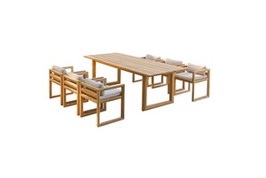 Solid Teak Wood <b>Rectangular</b> Outdoor Dining Table Set 6 Piece Blocky Frame Armchairs with <b>Cushion</b> - Product Image 4