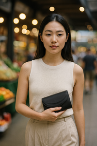 Monedero Compacto Minimalista para Mujer, de Cuero de Cabra Negro, con Forro de Lino Premium, 3 Ranuras para Tarjetas y 2 Bolsillos, Marca Riza - Product Image 4