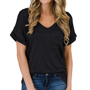 Camiseta Casual de Mujer con Cuello en V y Bolsillo, Holgada, de Manga Corta, Lisa, con Logotipo Personalizado, Top de Mezcla de Algodón Suave - Product Image 2