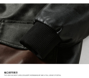 Premium Quality Men's Winter Leather Jacket <b>Fleece</b> Collar Zip Color Block Design Full Sleeve Windproof Outerwear 220g Front Logo - Product Image 4