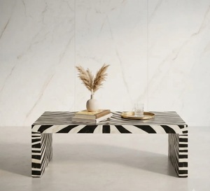 Table basse rectangulaire moderne en bois avec incrustations en os, noir et blanc, meubles de salon - Product Image 2