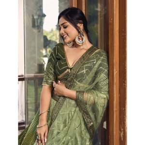 Merveilleux paillettes vertes Chinon Mehendi Wear Lehenga Choli - Product Image 4