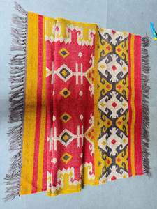 Tapis d'intérieur en laine et jute tissé à la main, coloré, style bohème, géométrique, kilim, rouge, jaune, tribal, moderne, pour salon, avec franges - Product Image 3