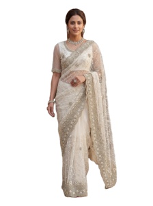 Sari indien traditionnel blanc en tulle pour femme, brodé de perles et de diamants, idéal pour les fêtes d'hiver et d'été - Product Image 4