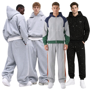 Wholesale Boxy Fit Blue Sports Jogging Blank <b>Hoodies</b> Sets Full Zip Side Panel 100% Cotton 450 GSM Fleece Athletic Sweats Suit - Product Image 5