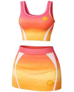 Ensemble jupe deux pièces dégradé rose-orange pour femme, comprenant un crop top sans manches et une mini-jupe taille haute extensible, tenue d'été - Product Image 1