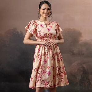 Vestido Midi de Manga Corta para Mujer, Estilo Túnica, Casual, Elegante, Transpirable, Sostenible, con Estampado Digital Tejido, Corte Imperio, para Primavera - Product Image 1