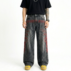Pantalon en jean de luxe pour homme, style américain, orné de strass, tie-dye, coupe ample et large, style urbain - Product Image 3