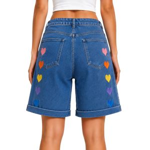 Shorts de Mezclilla para Mujer con Bordado de Corazón Arcoíris Azul, Cintura Alta, Corte Holgado Informal, Dobladillo Enrollado, Algodón, Moda Verano - Product Image 2