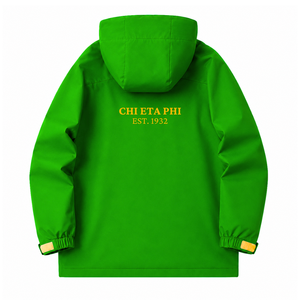 Veste coupe-vent et imperméable personnalisée Chi Eta Phi Sorority, verte et jaune, en polyester, manches longues, fermeture éclair sur le devant, logo brodé - Product Image 3