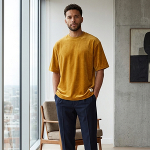 Custom Mustard Velour T-Shirt Men's Casual Wear Solid Color Velvet Tee Shirts Men Short Sleeve Crew Neck Velour <b>TShirt</b> Mens - Product Image 1
