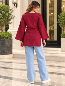 Wholesale Women’s Solid V-Neck Bell Sleeve Tunic Top – Casual Long Sleeve <b>Blouse</b> V-Neck Daily Wear Women's Long Sleeve Tunic <b>Red</b> - Product Image 2