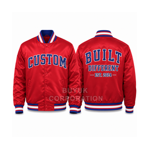 Custom Satin Varsity Bomber <b>Jacket</b> OEM Embroidered <b>Waterproof</b> Windproof Stand Collar Unisex Private Label High Streetwear Front - Product Image 4