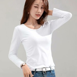 T-shirt blanc à manches longues et col rond pour femme, 100 % coton tricoté, coupe ajustée, décontracté, respirant, toutes saisons, grandes tailles, OEM - Product Image 3
