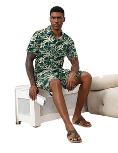 Ensemble 2 pièces de style hawaïen pour hommes, chemise boutonnée à manches courtes et short assorti, tenue de plage - Product Image 2