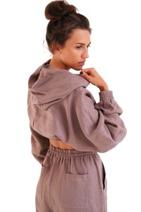 <b>Women's</b> Oversized <b>Linen</b> Hoodie Crop <b>Top</b> With Batwing Sleeves And Pockets Spring Breathable Solid Color Streetwear Pullover - Product Image 2