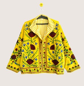 เสื้อคลุมเปิดหน้าสีเหลืองกำมะหยี่ปักลายซูซานี  รักษ์โลก ไซส์พลัสสำหรับผู้หญิง สไตล์โบฮีเมียนลำลอง แขนยาว ปกคอเสื้อพับได้ - Product Image 2