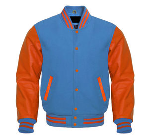 เสื้อแจ็คเก็ตวาร์ซิตี้สีส้มเทอร์ควอยซ์สำหรับผู้ชาย แขนหนัง PU ทรงปกติ ปกคอพับ ติดกระดุม สวมใส่สบายๆ ในฤดูใบไม้ร่วง - Product Image 6