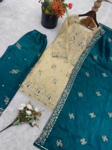 Presentamos la Nueva Colección de Diseñador Moderno GMY SILK, Conjunto Completo de Salwar Kameez con Bordado Pesado y Lentejuelas, Top, Pantalón y Dupatta - Product Image 5