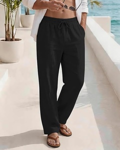 Men's Black Cotton <b>Drawstring</b> Pants Elastic Waist Casual Loose Fit Breathable Summer <b>Trousers</b> With Side Pockets - Product Image 1