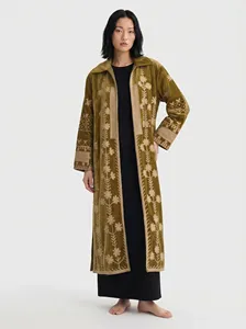 Bohemian Brown <b>Velvet</b> Suzani Long <b>Jacket</b> Embroidered With Floral Design Full Sleeve Winter Outerwear For <b>Women</b> - Product Image 3