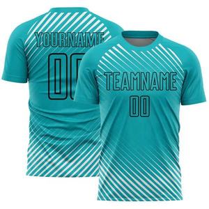 เสื้อยืดกีฬาผู้ชายแบบกำหนดเอง สีเขียวอมฟ้าไล่เฉดลายทาง ออกแบบชื่อทีมและหมายเลข เสื้อเจอร์ซีย์โพลีเอสเตอร์ ชุดกีฬา - Product Image 1