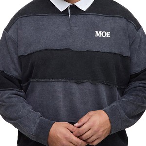 2026 Trendy Long Sleeve Rugby Patchwork Raw <b>Edge</b> Distressed Striped Grey <b>Black</b> Collared Men's shirts Heavyweight Streetwear Tops - Product Image 4