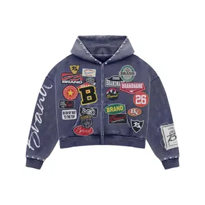 Blue Patchwork Studded Cropped <b>Zip</b> Hoodie | Heavy Graphic Collage Oversized Streetwear Jacket | Custom OEM Apparel - Product Image 2